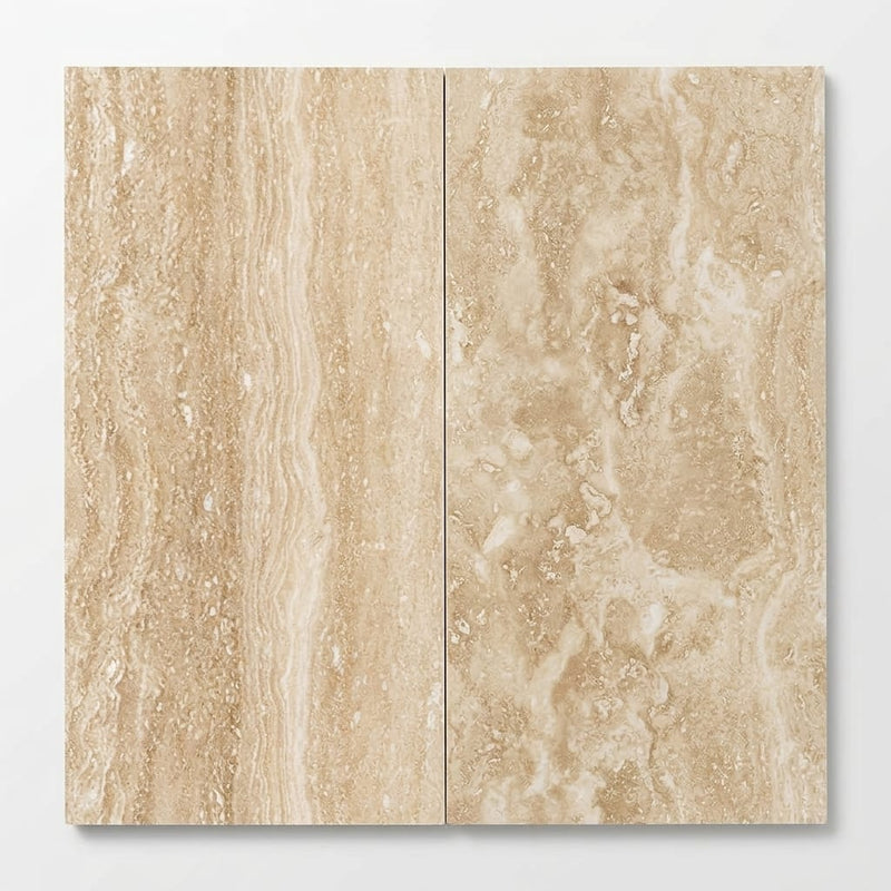 Ivory / Light Travertine 12x24 Cream Filled & Polished Tile close-up