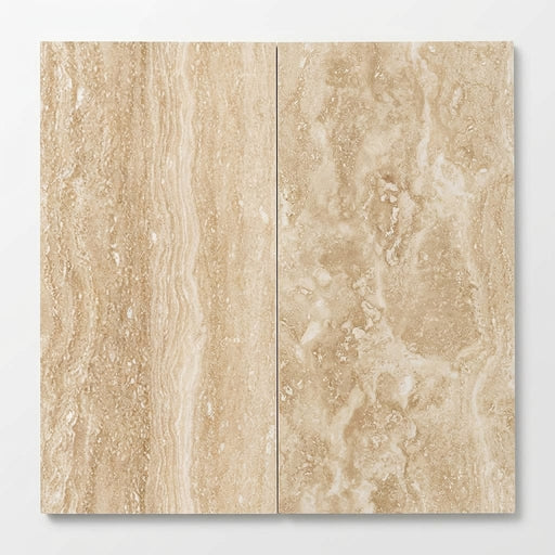 Ivory / Light Travertine 12x24 Cream Filled & Polished Tile close-up