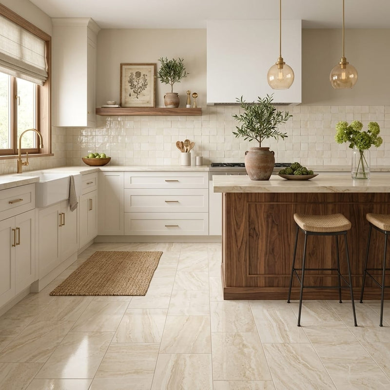 Ivory / Light Travertine 12x24 Cream Filled & Polished Tile — Kitchen floor