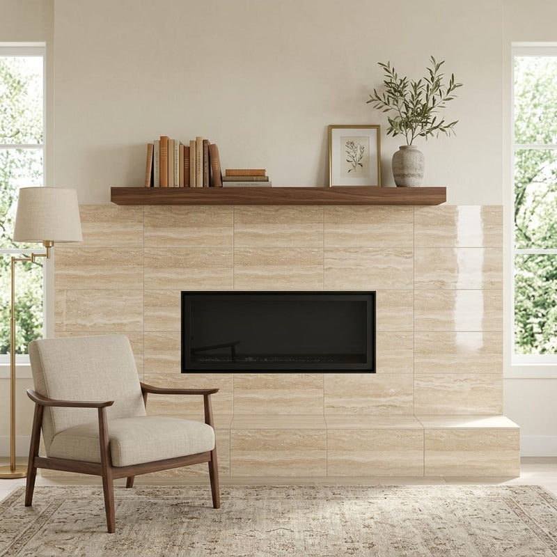 Ivory / Light Travertine 12x24 Cream Filled & Polished Tile — Living Room fireplace surround