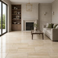 Ivory / Light Travertine 12x24 Cream Filled & Polished Tile — Living Room floor