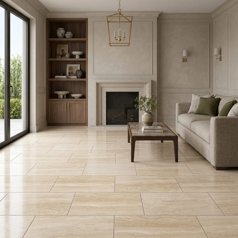 Ivory / Light Travertine 12x24 Cream Filled & Polished Tile — Living Room floor