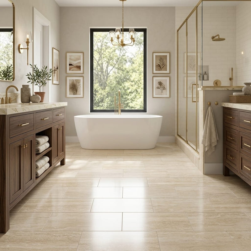 Ivory / Light Travertine 12x24 Cream Filled & Polished Tile — Primary Bath floor