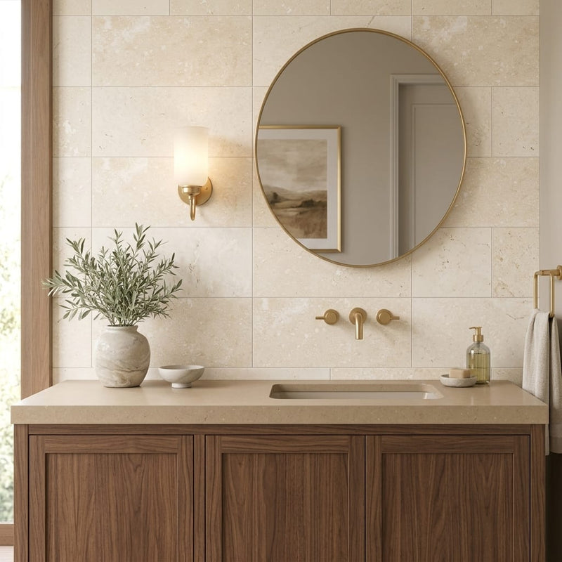 Ivory / Light Travertine 12x24 Cream Filled & Polished Tile — Bathroom vanity wall