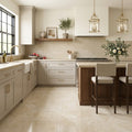 Ivory / Light Travertine 12x24 Cream Filled & Polished Tile — Kitchen floor