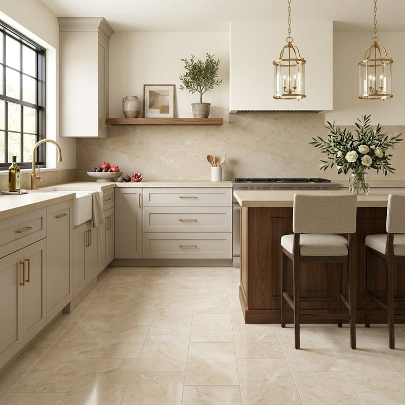 Ivory / Light Travertine 12x24 Cream Filled & Polished Tile — Kitchen floor