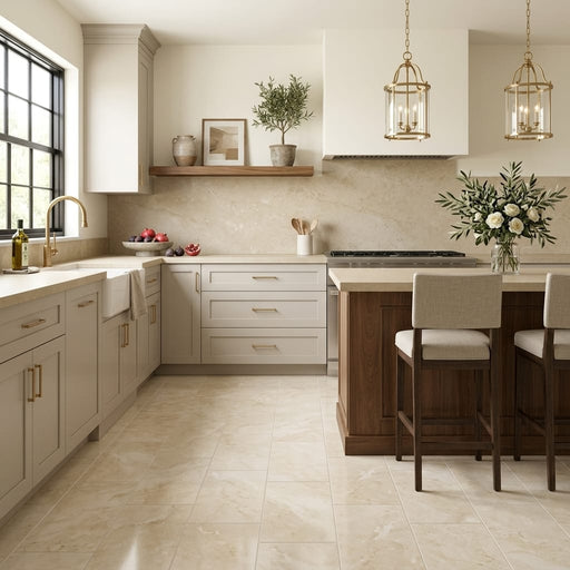 Ivory / Light Travertine 12x24 Cream Filled & Polished Tile — Kitchen floor