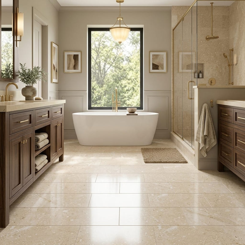 Ivory / Light Travertine 12x24 Cream Filled & Polished Tile — Primary Bath floor