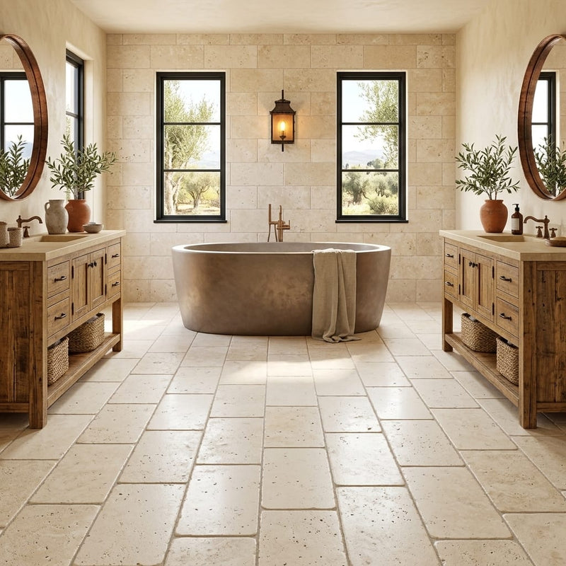 Ivory / Light Travertine 12x24 Cream Tumbled tile — Bathroom floor