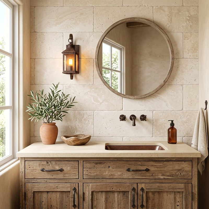 Ivory / Light Travertine 12x24 Cream Tumbled tile — Bathroom vanity wall