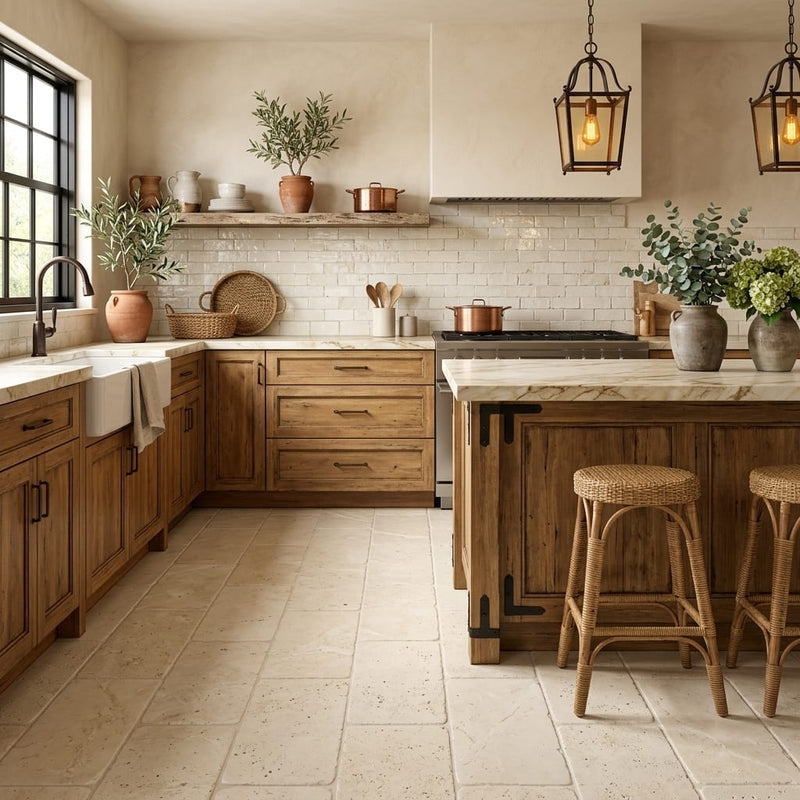 Ivory / Light Travertine 12x24 Cream Tumbled tile — Kitchen floor