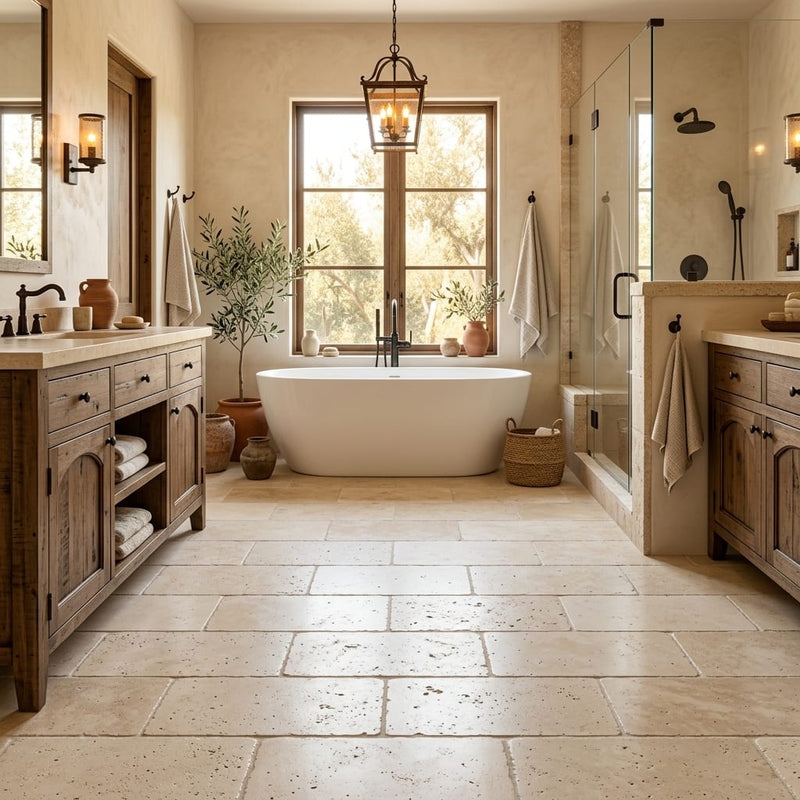 Ivory / Light Travertine 12x24 Cream Tumbled tile — Primary Bath floor