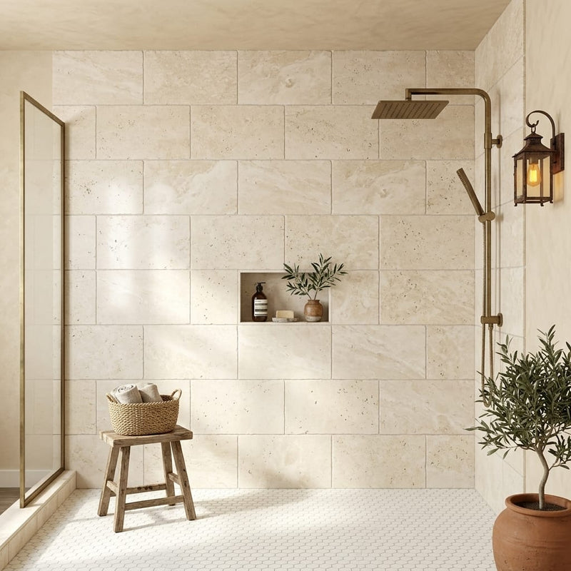 Ivory / Light Travertine 12x24 Cream Tumbled tile — Bathroom shower wall