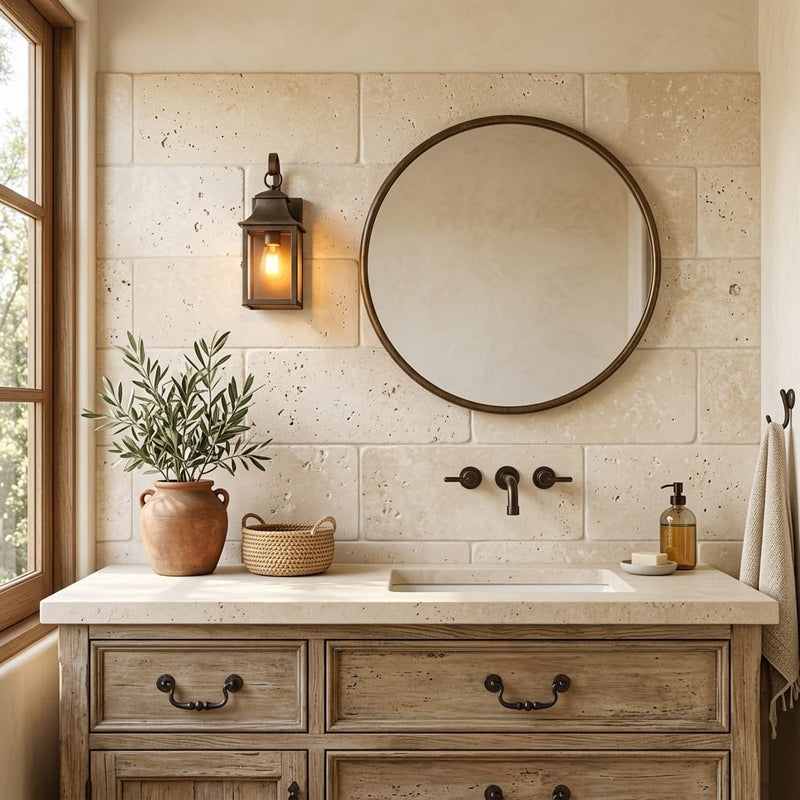 Ivory / Light Travertine 12x24 Cream Tumbled tile — Bathroom vanity wall