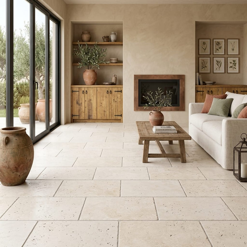 Ivory / Light Travertine 12x24 Cream Tumbled tile — Living Room floor