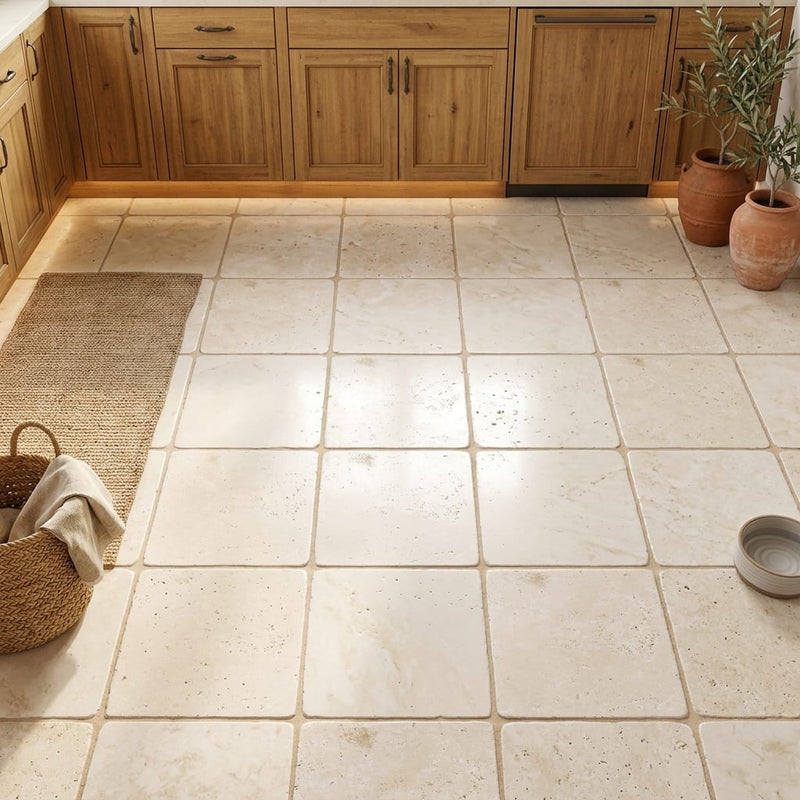 Ivory / Light Travertine 16x16 Cream Tumbled Tile — Kitchen floor