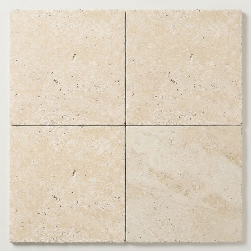 Ivory / Light Travertine 16x16 Cream Unfilled, Brushed & Chiseled Tile close-up