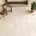 Ivory / Light Travertine 16x16 Cream Unfilled, Brushed & Chiseled Tile — Covered Patio floor