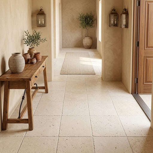 Ivory / Light Travertine 16x16 Cream Unfilled, Brushed & Chiseled Tile — Hallway floor