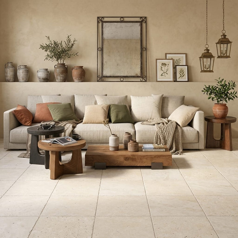 Ivory / Light Travertine 16x16 Cream Unfilled, Brushed & Chiseled Tile — Living Room floor