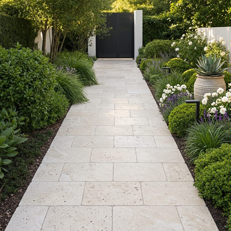 Ivory / Light Travertine 16x24 Cream Tumbled Paver — Garden path