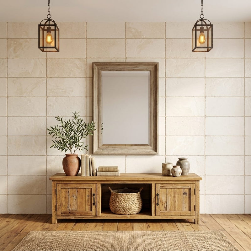 Ivory / Light Travertine 16x24 Cream Tumbled Tile — Living Room feature wall