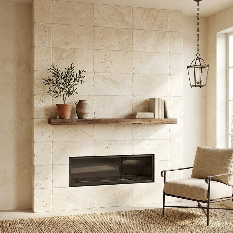 Ivory / Light Travertine 16x24 Cream Tumbled Tile — Living Room fireplace surround