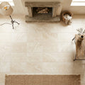 Ivory / Light Travertine 16x24 Cream Tumbled Tile — Living Room floor