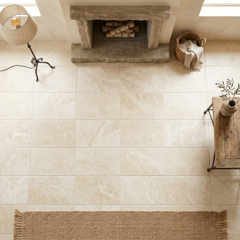 Ivory / Light Travertine 16x24 Cream Tumbled Tile — Living Room floor