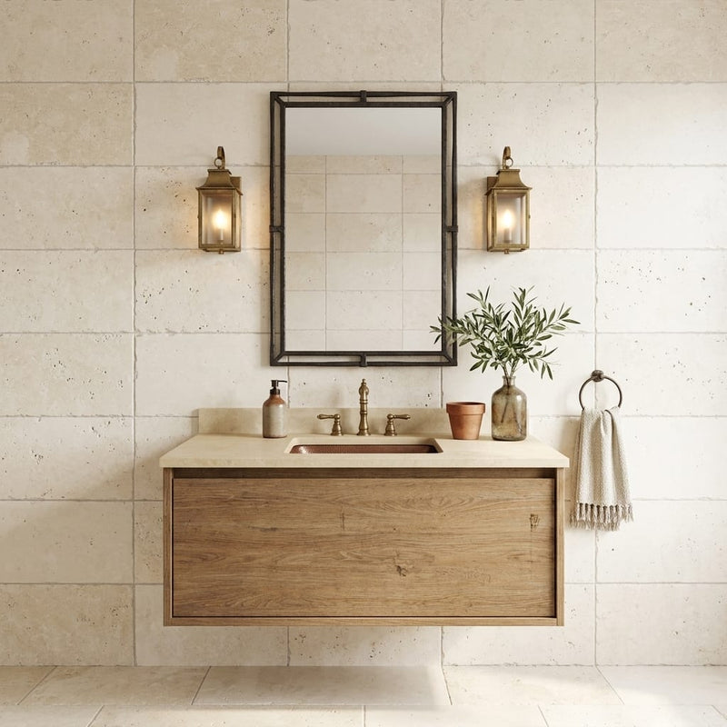 Ivory / Light Travertine 16x24 Cream Unfilled, Brushed & Chiseled Tile — Bathroom vanity wall