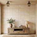 Ivory / Light Travertine 16x24 Cream Unfilled, Brushed & Chiseled Tile — Living Room feature wall