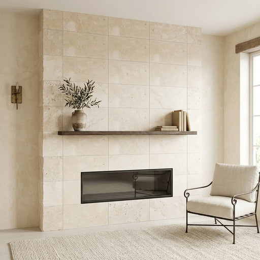 Ivory / Light Travertine 16x24 Cream Unfilled, Brushed & Chiseled Tile — Living Room fireplace surround