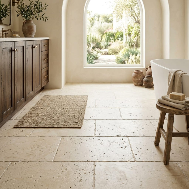 Ivory / Light Travertine 16x24 Cream Unfilled, Brushed & Chiseled Tile — Primary Bath floor