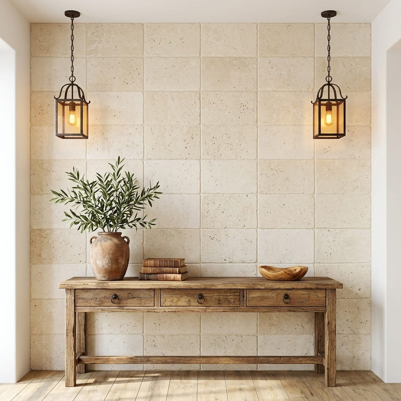 Ivory / Light Travertine 16x24 Cream Tumbled tile — Living Room feature wall