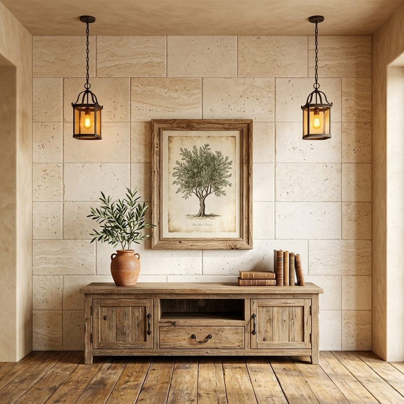Ivory / Light Travertine 16x24 Cream Tumbled tile — Living Room feature wall