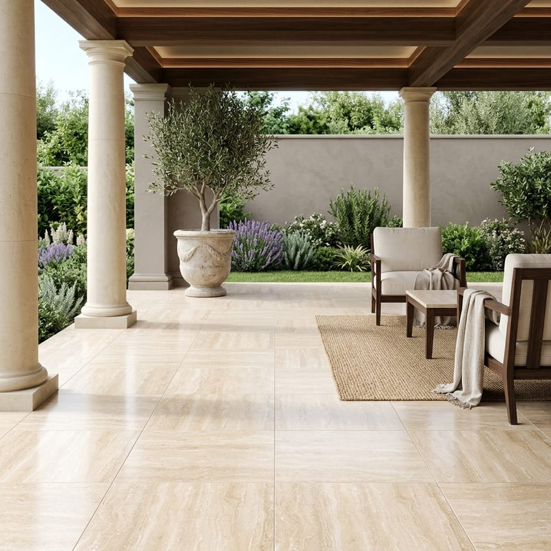 Ivory / Light Travertine 18x18 Cream Filled & Honed Tile — Covered Patio floor