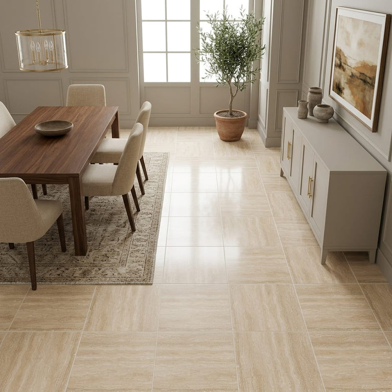 Ivory / Light Travertine 18x18 Cream Filled & Honed Tile — Dining Room floor