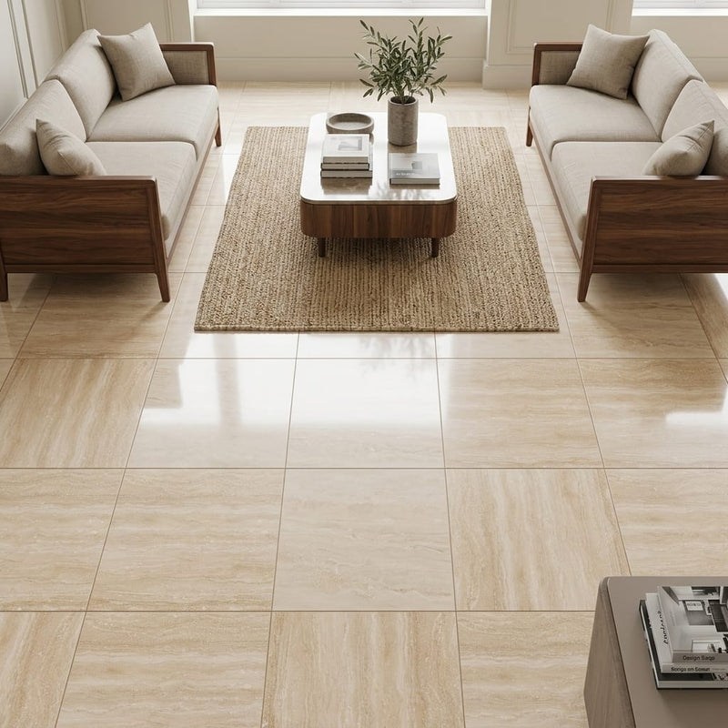 Ivory / Light Travertine 18x18 Cream Filled & Honed Tile — Family Room floor