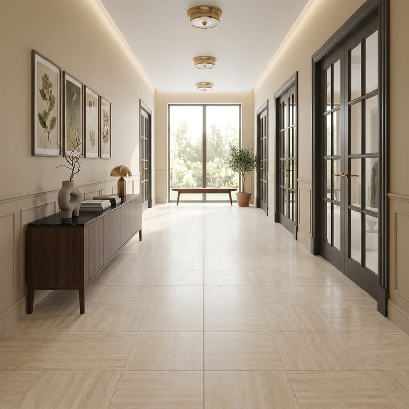 Ivory / Light Travertine 18x18 Cream Filled & Honed Tile — Hallway floor
