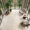 Ivory / Light Travertine 18x18 Cream Filled & Honed Tile — Sunroom floor