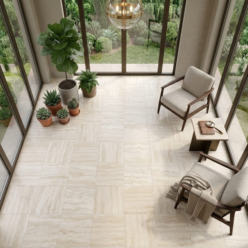 Ivory / Light Travertine 18x18 Cream Filled & Honed Tile — Sunroom floor