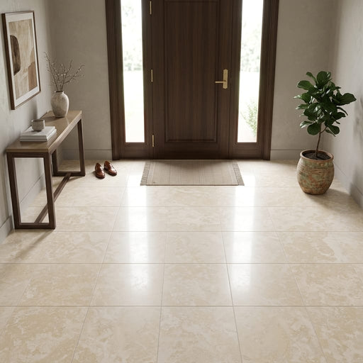 Ivory / Light Travertine 18x18 Cream Filled & Honed Tile — Foyer floor