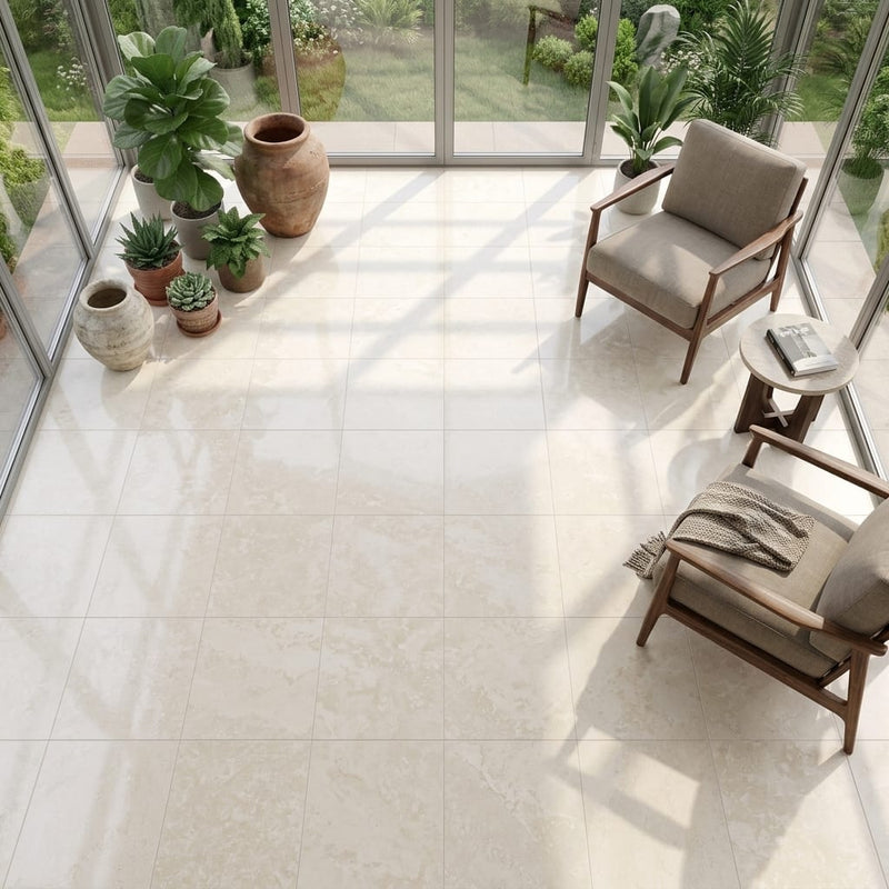 Ivory / Light Travertine 18x18 Cream Filled & Honed Tile — Sunroom floor