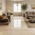 Ivory / Light Travertine 18x18 Cream Filled & Polished Tile — Family Room floor