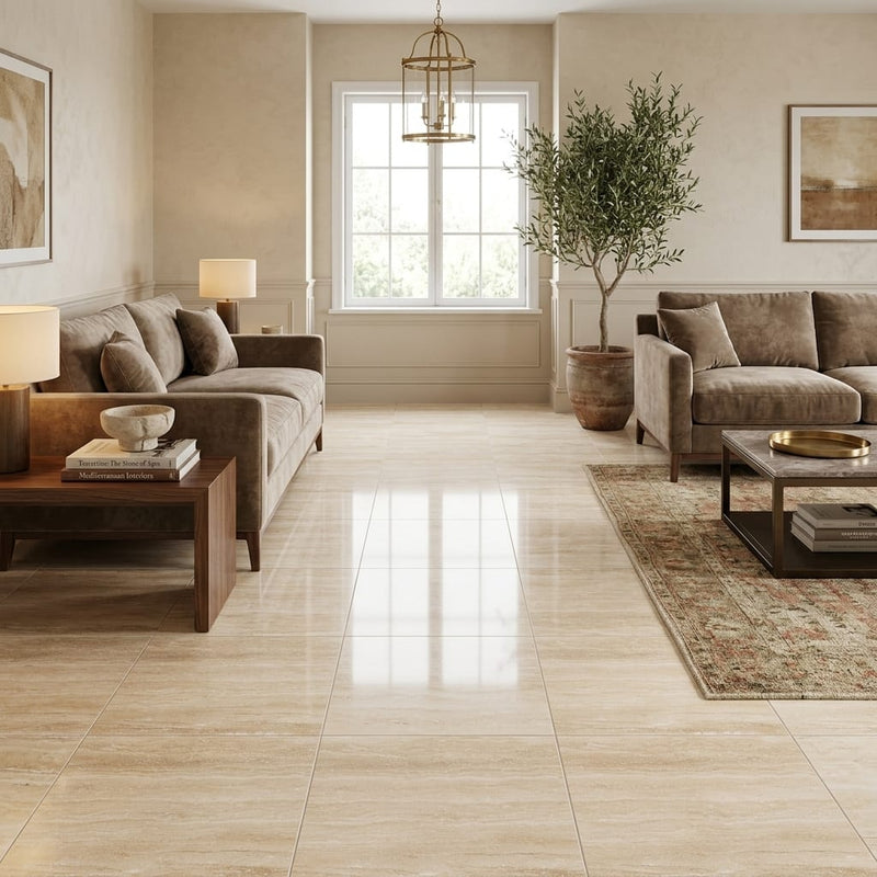 Ivory / Light Travertine 18x18 Cream Filled & Polished Tile — Family Room floor