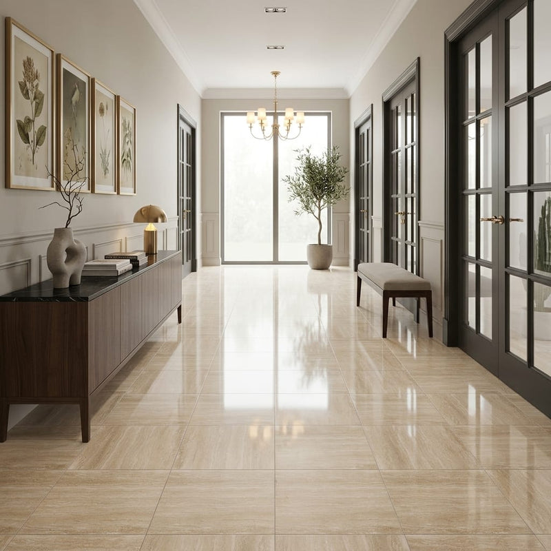 Ivory / Light Travertine 18x18 Cream Filled & Polished Tile — Hallway floor