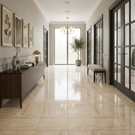 Ivory / Light Travertine 18x18 Cream Filled & Polished Tile — Hallway floor