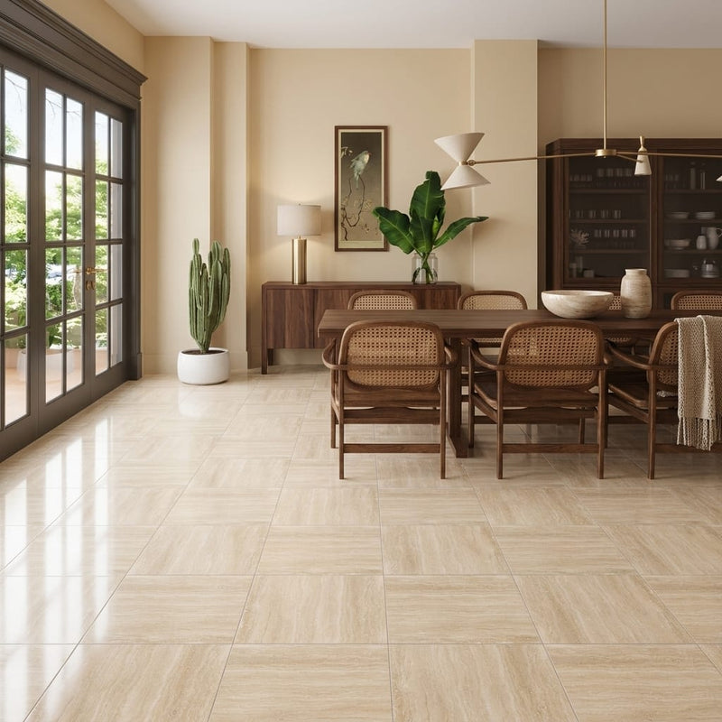 Ivory / Light Travertine 18x18 Cream Filled & Polished Tile — Living Room floor