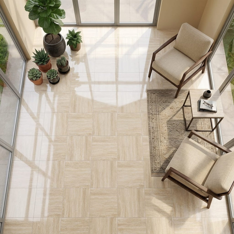 Ivory / Light Travertine 18x18 Cream Filled & Polished Tile — Sunroom floor