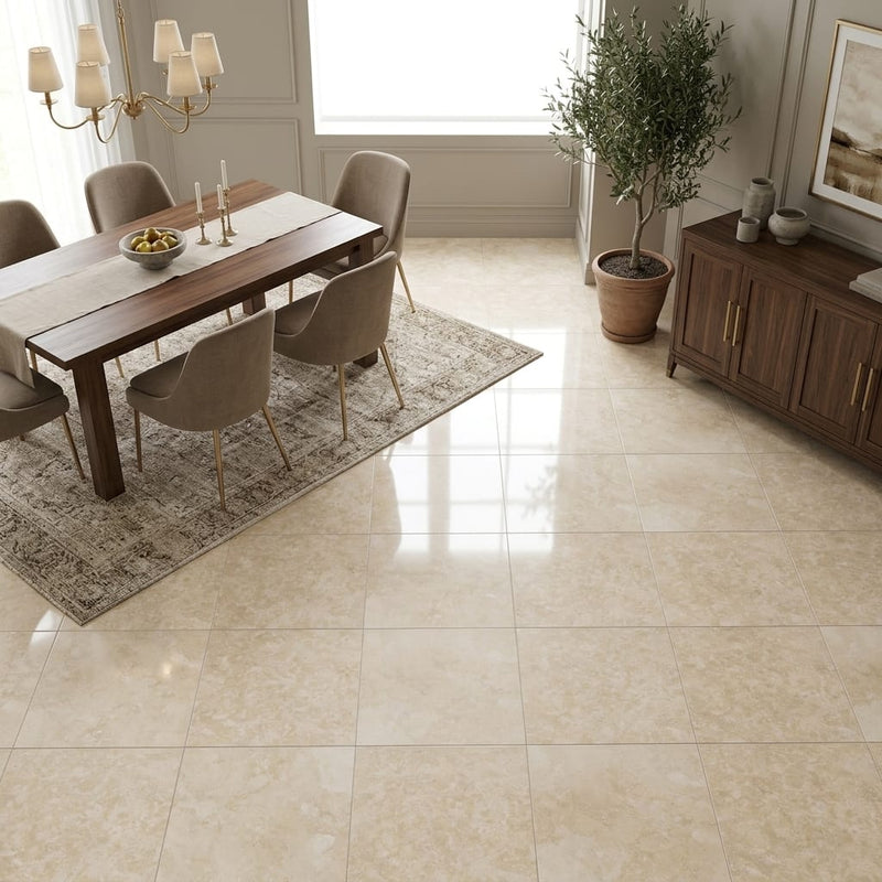 Ivory / Light Travertine 18x18 Cream Filled & Polished Tile — Dining Room floor